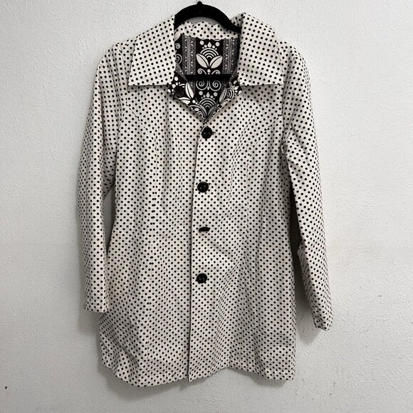 Vintage Floral Polka Dot Reversible Mod Car Coat Brown Ivory Button Front Size S - Picture 1 of 11